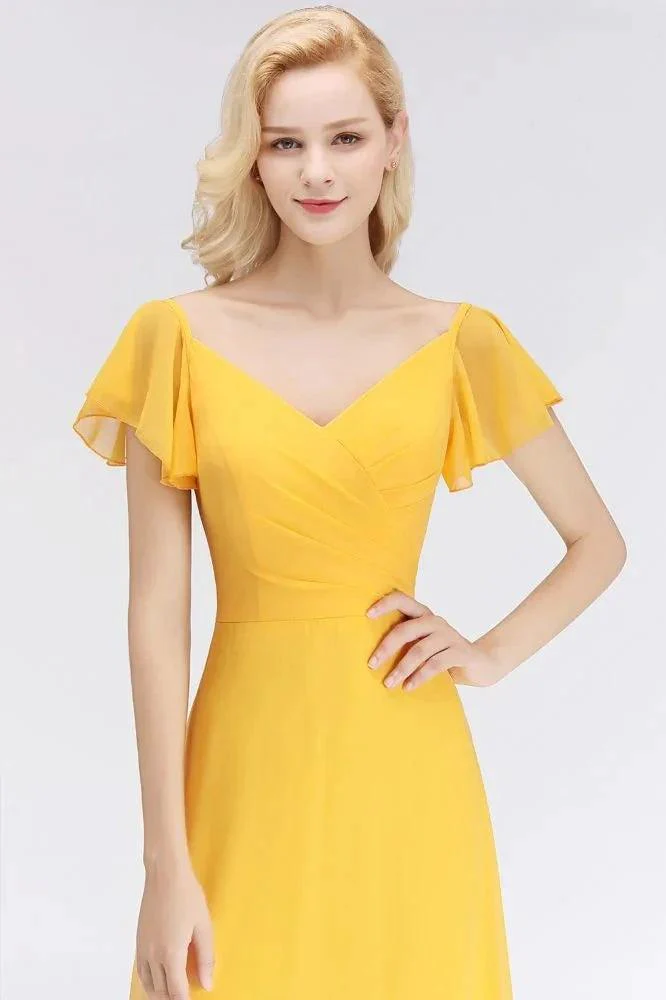 A-line Long V-neck Short Sleeves Yellow Chiffon Bridesmaid Dresses - Image 5