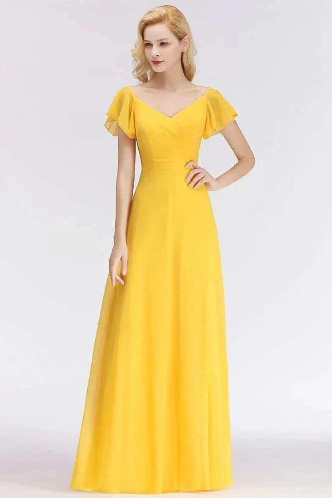 A-line Long V-neck Short Sleeves Yellow Chiffon Bridesmaid Dresses - Image 6
