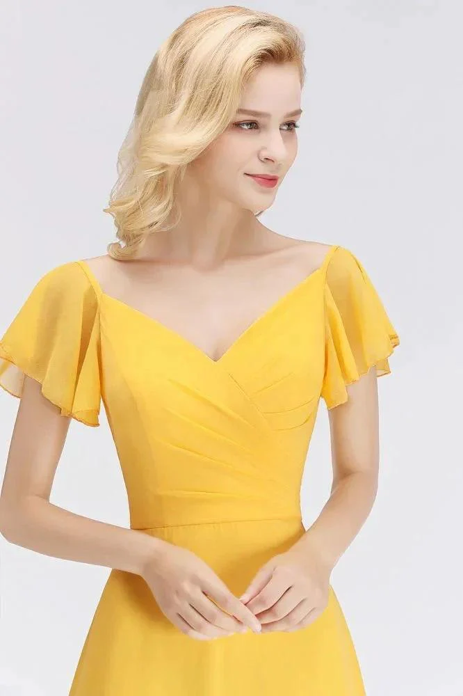 A-line Long V-neck Short Sleeves Yellow Chiffon Bridesmaid Dresses - Image 7