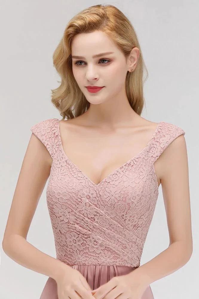 A-line Long V-neck Sleeveless Formal Party Dress Lace Top Chiffon Bridesmaid Dress - Image 10