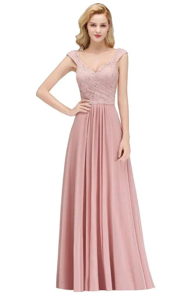 A-line Long V-neck Sleeveless Formal Party Dress Lace Top Chiffon Bridesmaid Dress - Image 2