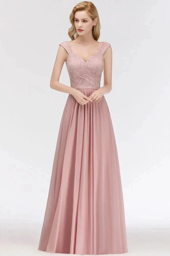 A-line Long V-neck Sleeveless Formal Party Dress Lace Top Chiffon Bridesmaid Dress - Image 3