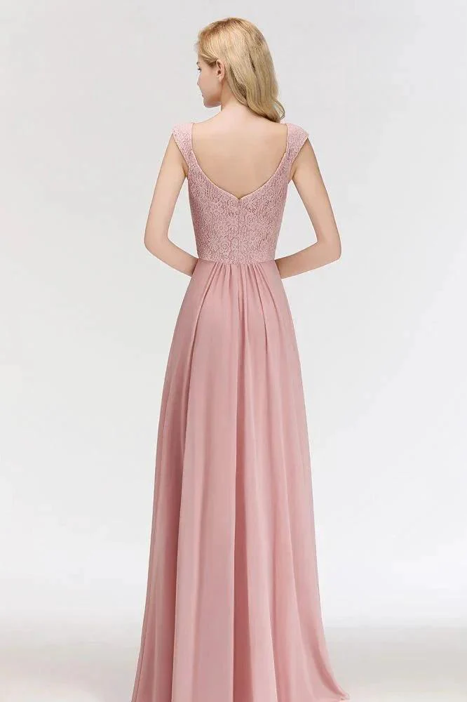 A-line Long V-neck Sleeveless Formal Party Dress Lace Top Chiffon Bridesmaid Dress - Image 4