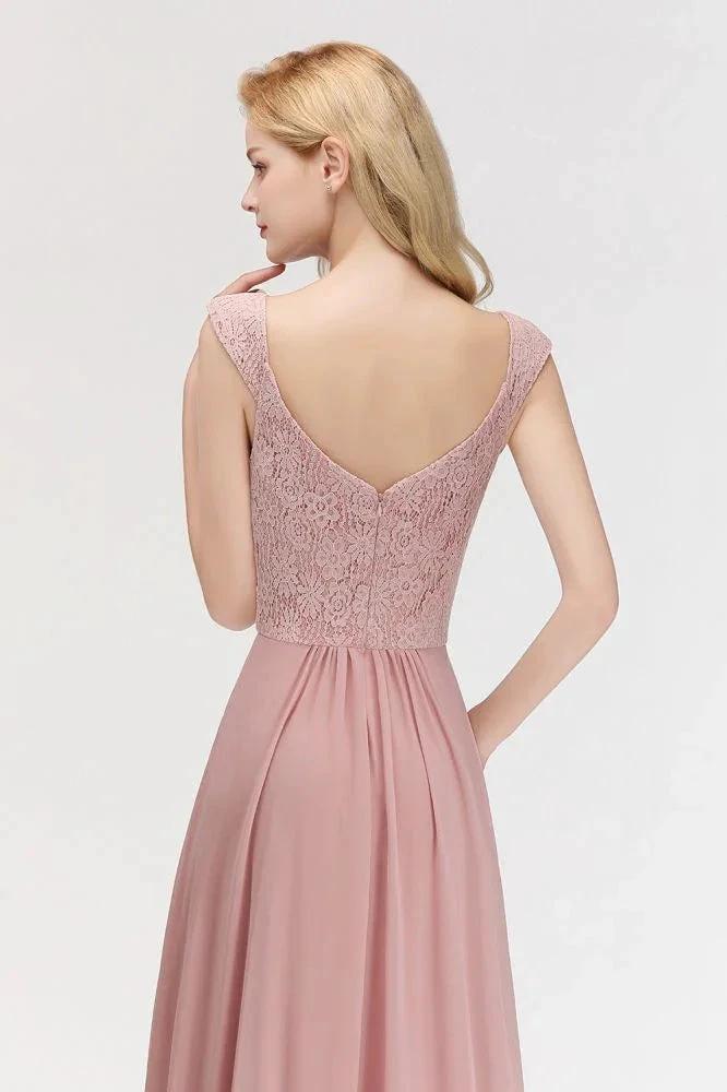 A-line Long V-neck Sleeveless Formal Party Dress Lace Top Chiffon Bridesmaid Dress - Image 5