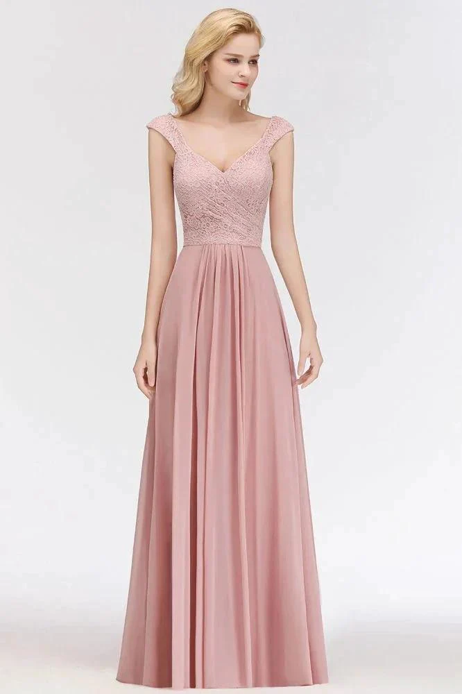 A-line Long V-neck Sleeveless Formal Party Dress Lace Top Chiffon Bridesmaid Dress - Image 6