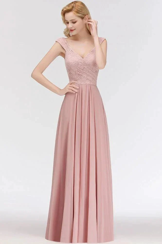 A-line Long V-neck Sleeveless Formal Party Dress Lace Top Chiffon Bridesmaid Dress - Image 7