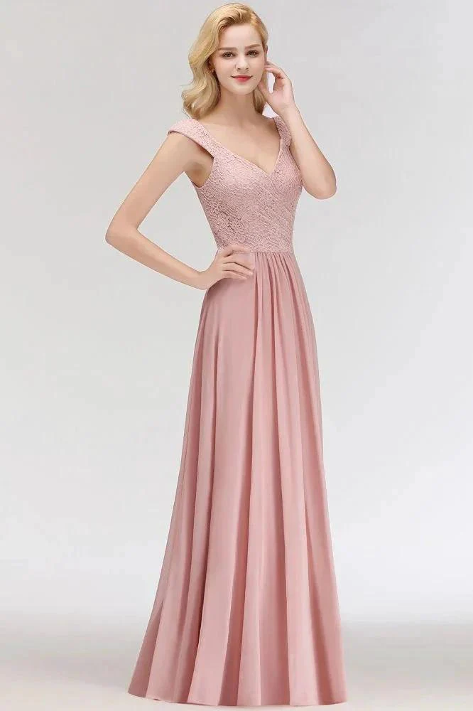 A-line Long V-neck Sleeveless Formal Party Dress Lace Top Chiffon Bridesmaid Dress - Image 8