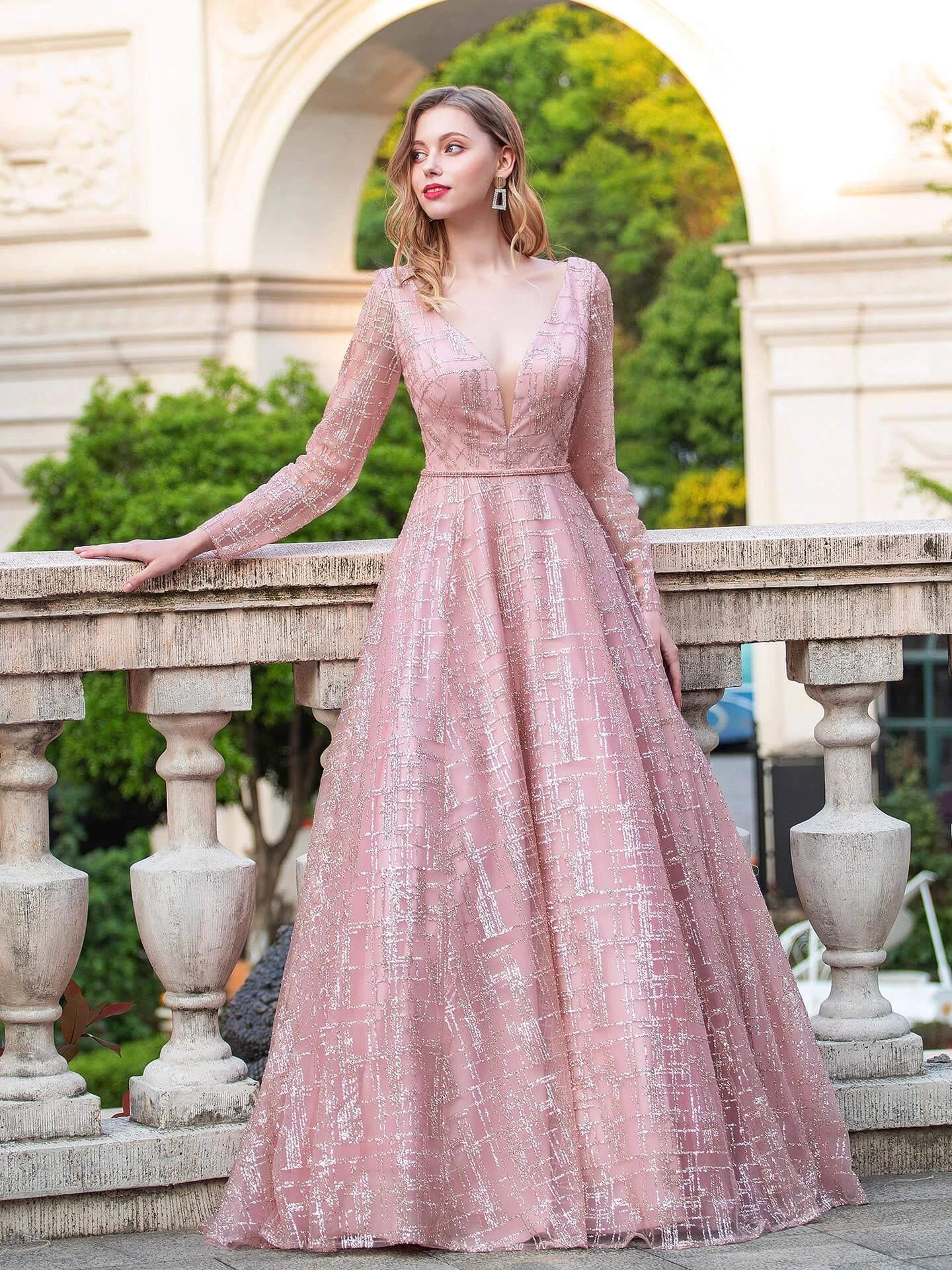 A-line Luxurious Fashion V-neck Formal Evening Dresses Long Sleeve Floor Length Prom Dresses - Image 2
