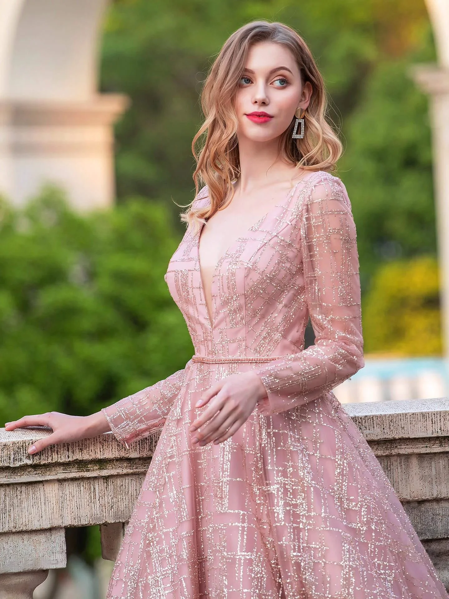 A-line Luxurious Fashion V-neck Formal Evening Dresses Long Sleeve Floor Length Prom Dresses - Image 3