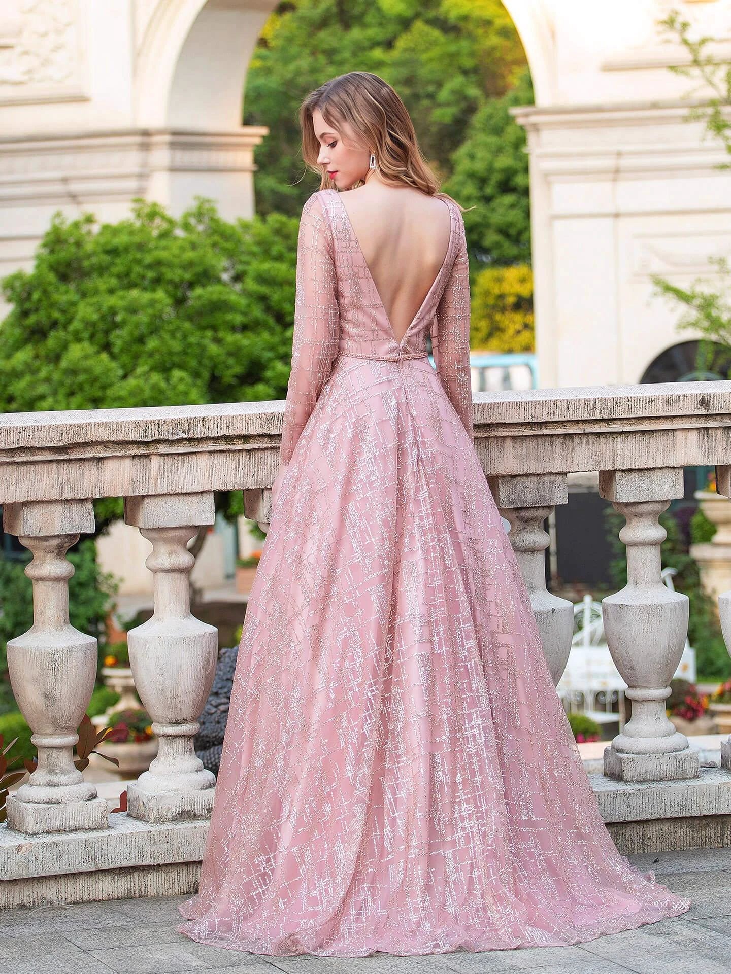 A-line Luxurious Fashion V-neck Formal Evening Dresses Long Sleeve Floor Length Prom Dresses - Image 4