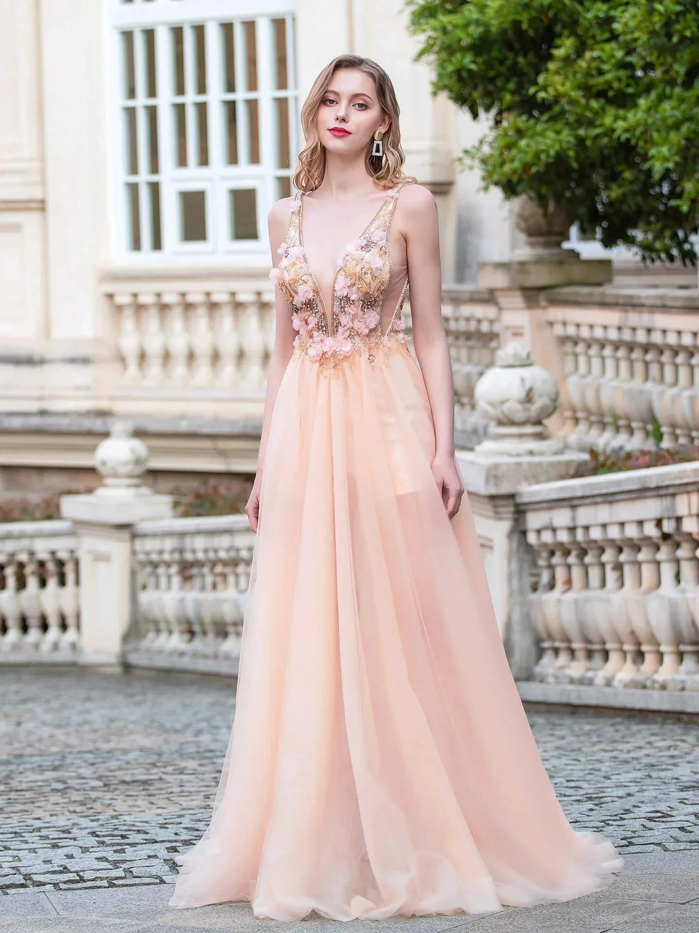 A-line Luxurious Fashion Sexy V-neck Formal Evening Dresses Sleeveless Floor Length Prom Dresses - Image 2