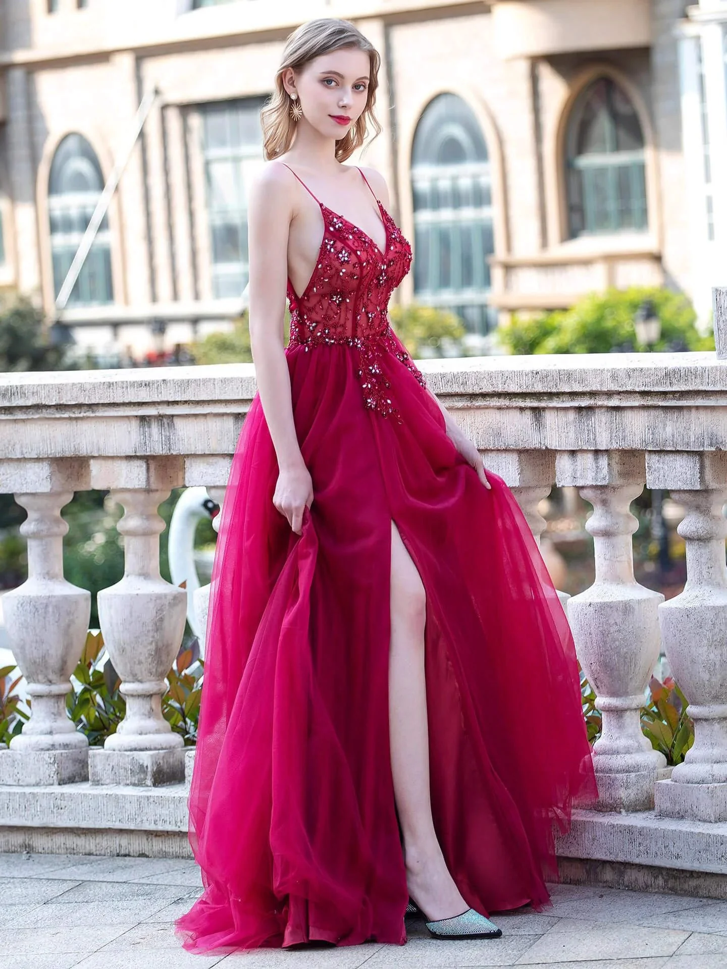 A-line Luxurious Sexy Formal Evening Dresses Spaghetti Strap Sleeveless With Slit Floor Length Prom Dresses - Image 4