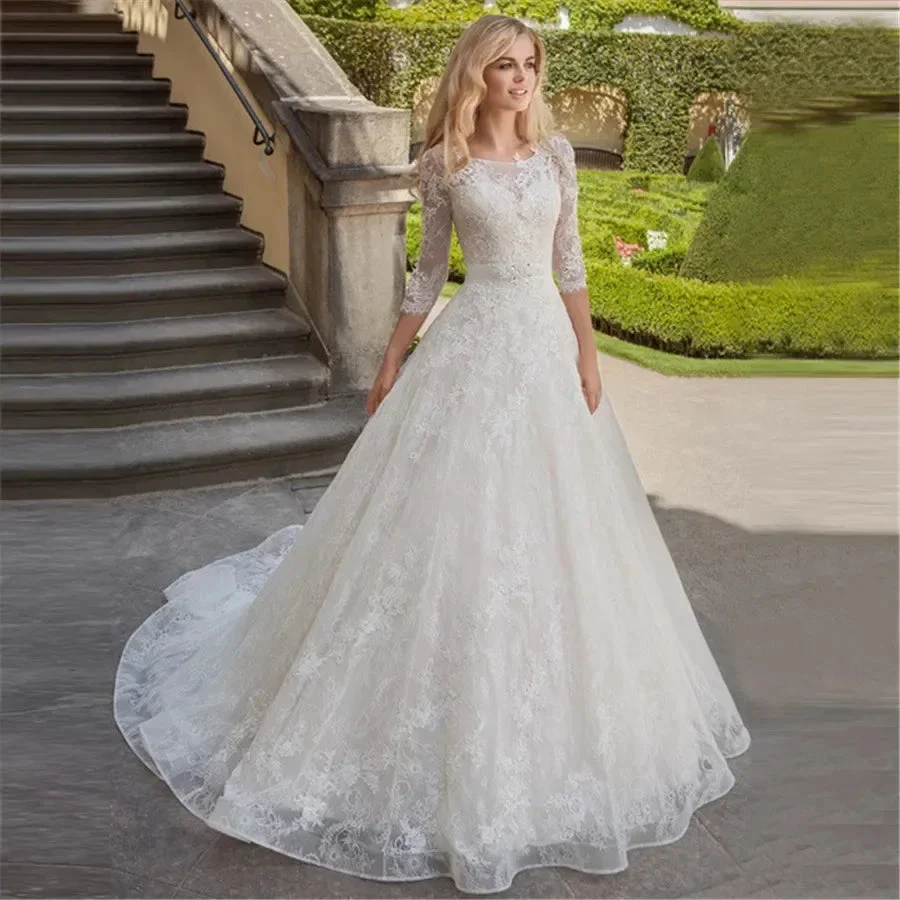 A-Line Luxury Wedding Gowns Lace Applique 3/4 Sleeve Wedding Party Bridal Dresses Vestidos Baratos Con Envio Gratis Robe De - Image 4