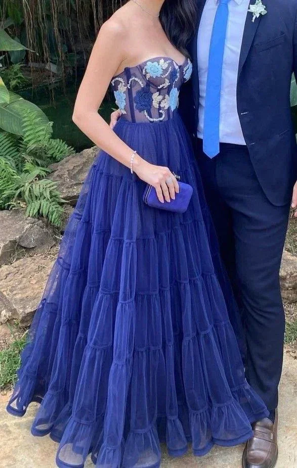 A Line Navy Blue Long Prom Dresses Popular Sweetheart Tulle Evening Dresses Y5378 - Image 2