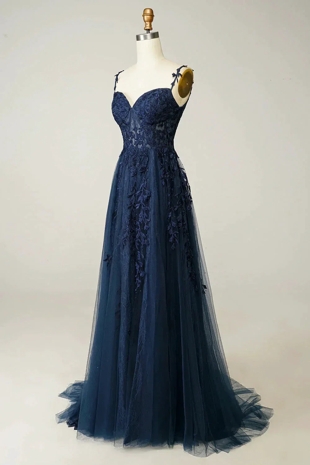 A-line Navy Blue Prom Dress Lace Tulle Evening Dress Y382 - Image 2