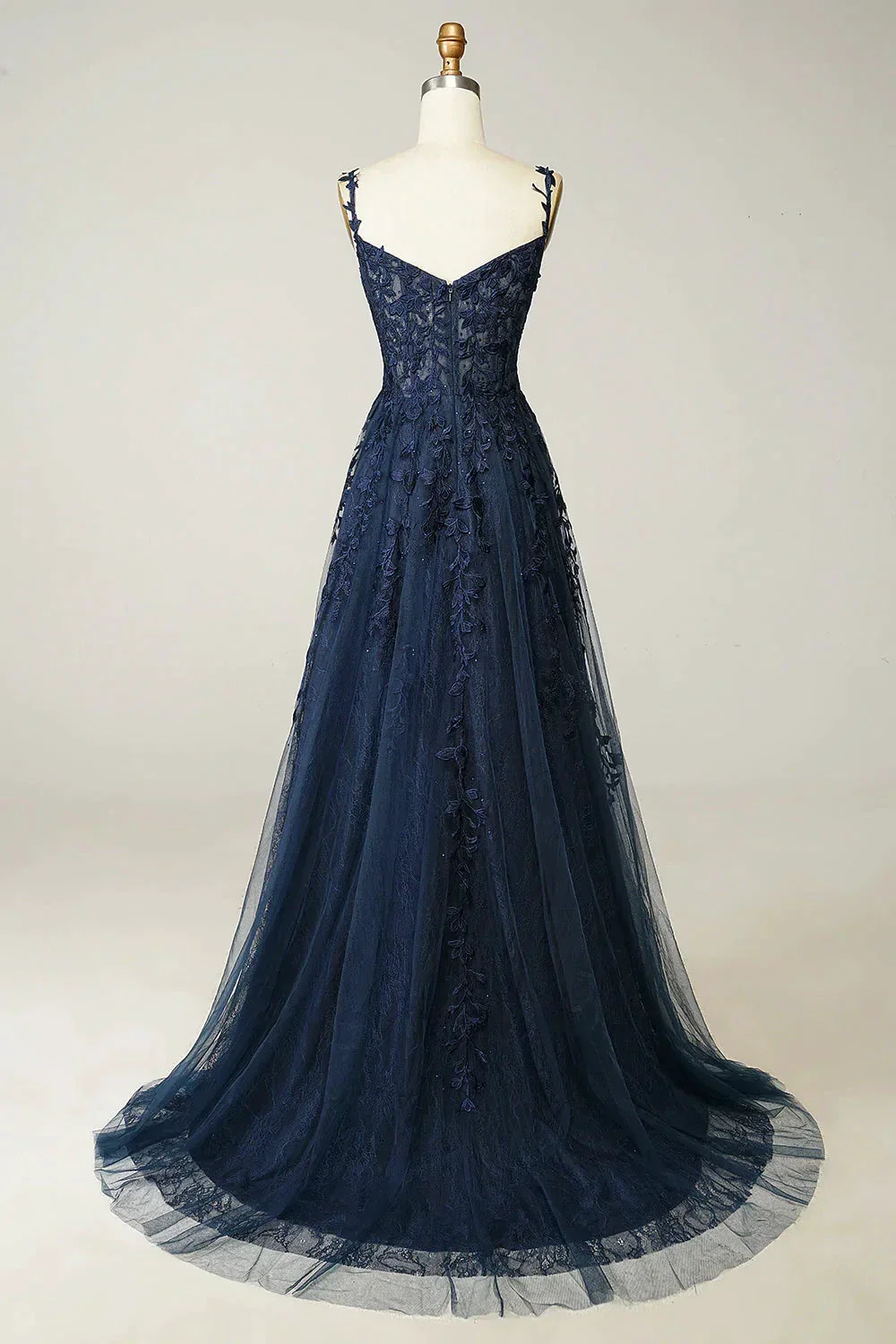 A-line Navy Blue Prom Dress Lace Tulle Evening Dress Y382 - Image 3
