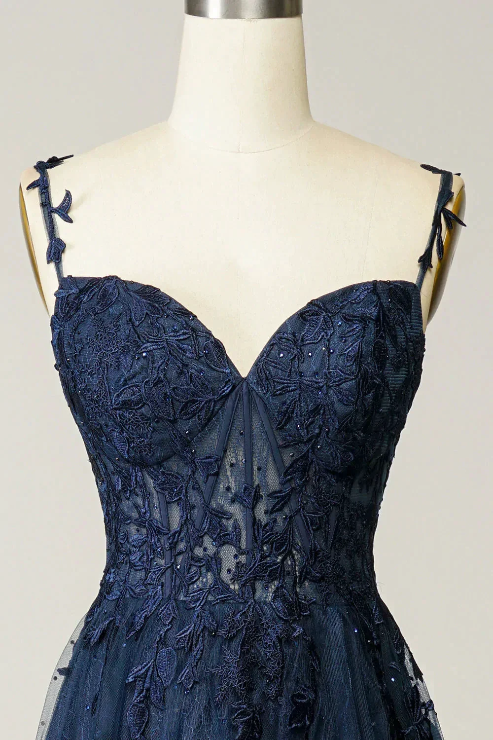 A-line Navy Blue Prom Dress Lace Tulle Evening Dress Y382 - Image 4