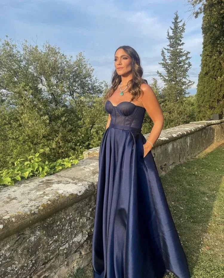 A-line Navy Blue Satin Evening Dress Navy Blue Graduation Dress Y4835 - Image 2