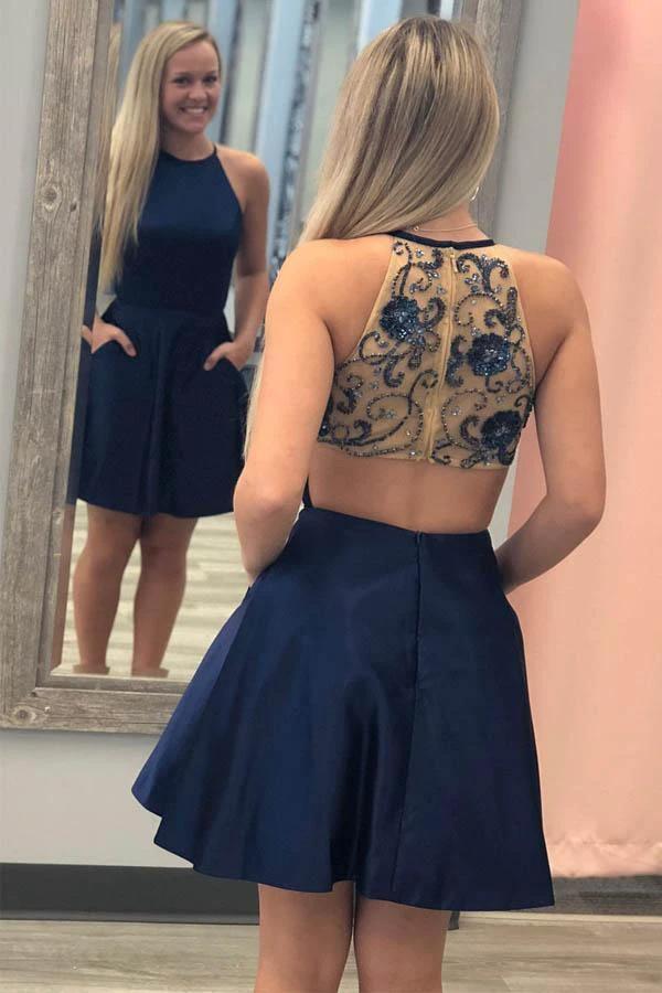 A-line Navy Blue Short Prom Dress Homecoming Dress with Beaded Back PD328 - Image 3