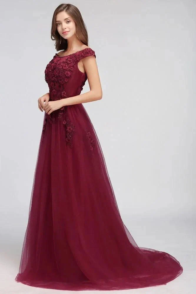 A-line Off-shoulder Floor-length Tulle Appliques Prom Dresses - Image 11
