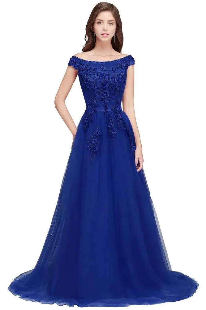 A-line Off-shoulder Floor-length Tulle Appliques Prom Dresses - Image 3