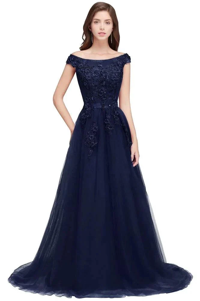 A-line Off-shoulder Floor-length Tulle Appliques Prom Dresses - Image 4