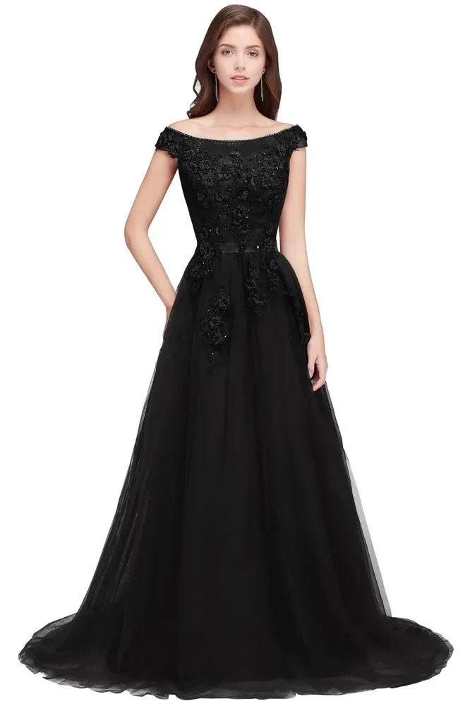 A-line Off-shoulder Floor-length Tulle Appliques Prom Dresses - Image 5