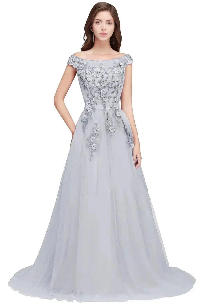 A-line Off-shoulder Floor-length Tulle Appliques Prom Dresses - Image 6