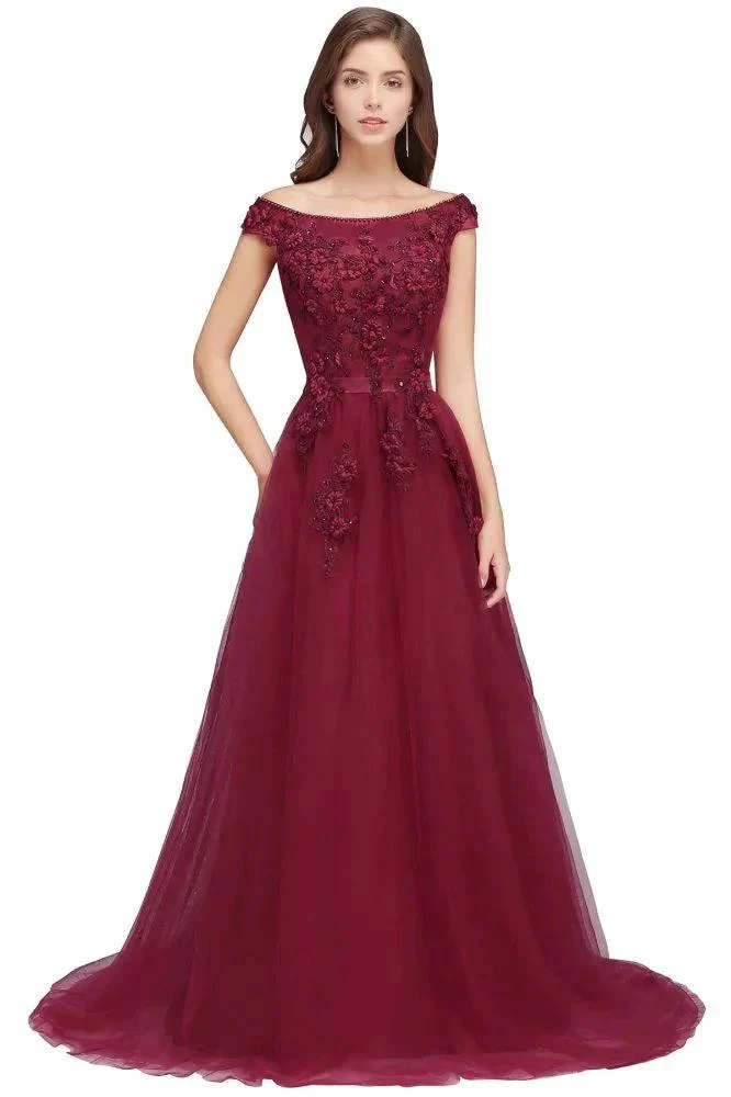 A-line Off-shoulder Floor-length Tulle Appliques Prom Dresses - Image 7
