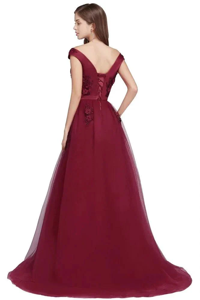 A-line Off-shoulder Floor-length Tulle Appliques Prom Dresses - Image 8