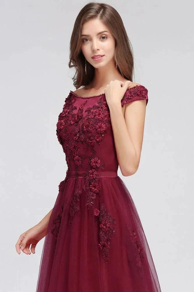 A-line Off-shoulder Floor-length Tulle Appliques Prom Dresses - Image 9