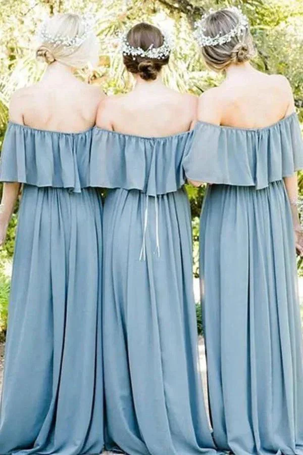 Off Shoulder Ruffles Pleated Gray Blue Bridesmaid Dress BD137 - Image 2