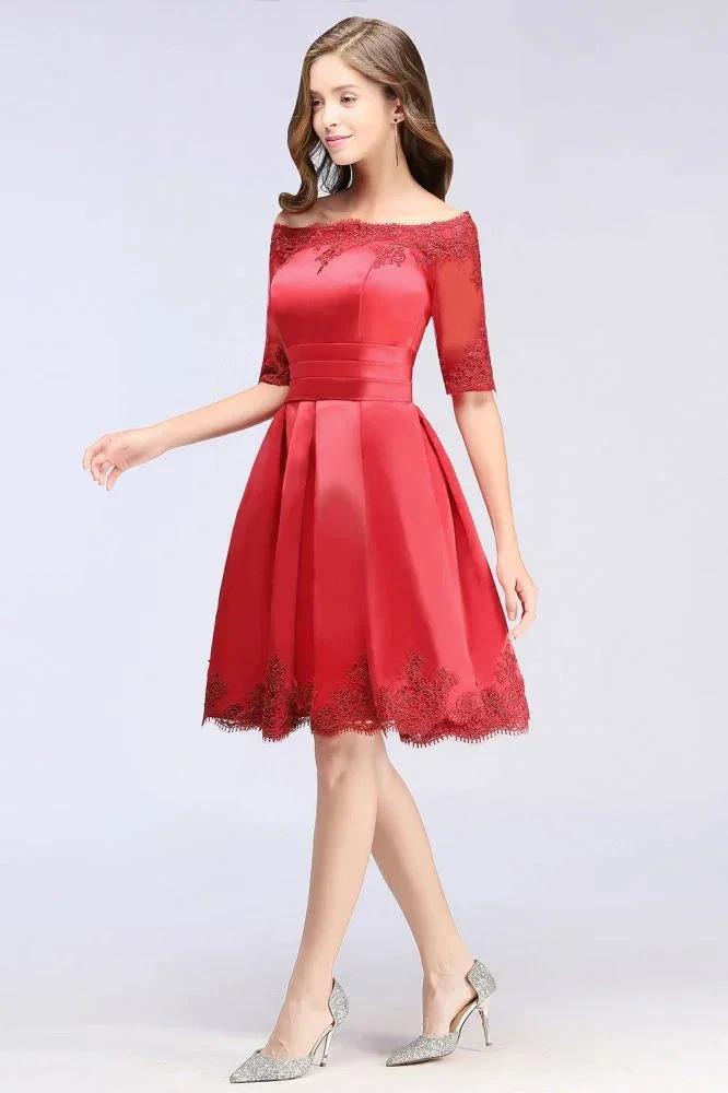A-line Off-shoulder Half Sleeves Short Lace Appliques Prom Dresses - Image 10