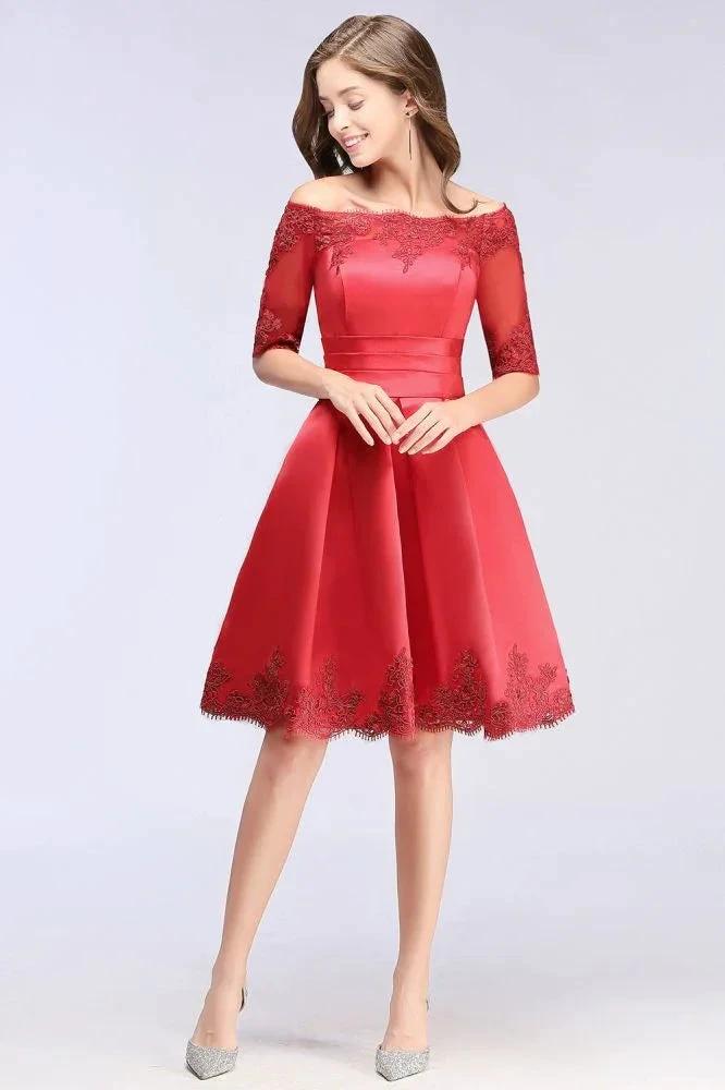 A-line Off-shoulder Half Sleeves Short Lace Appliques Prom Dresses - Image 11