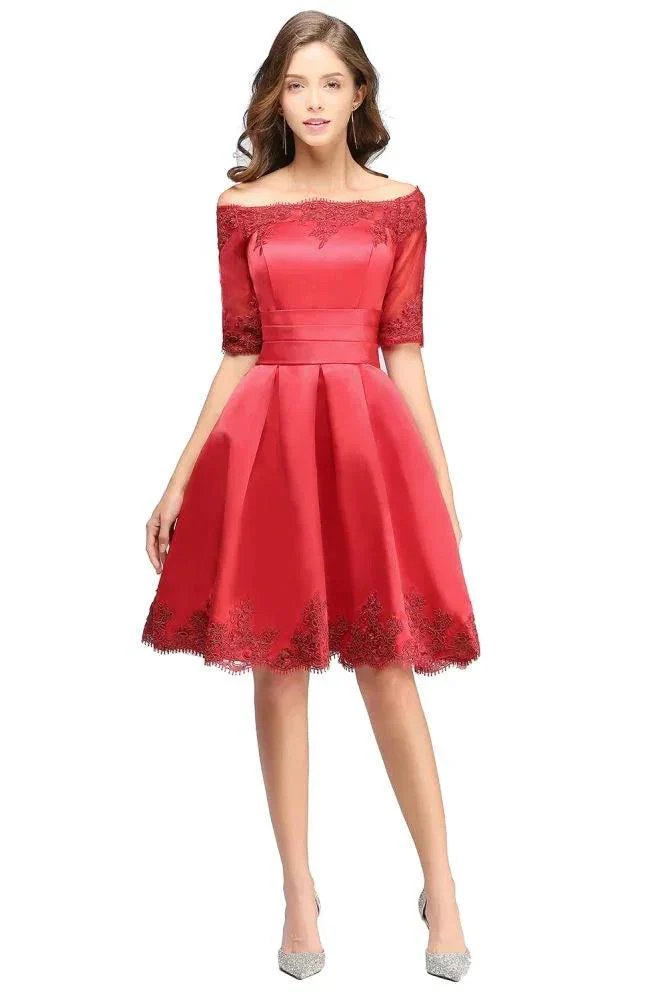 A-line Off-shoulder Half Sleeves Short Lace Appliques Prom Dresses - Image 12
