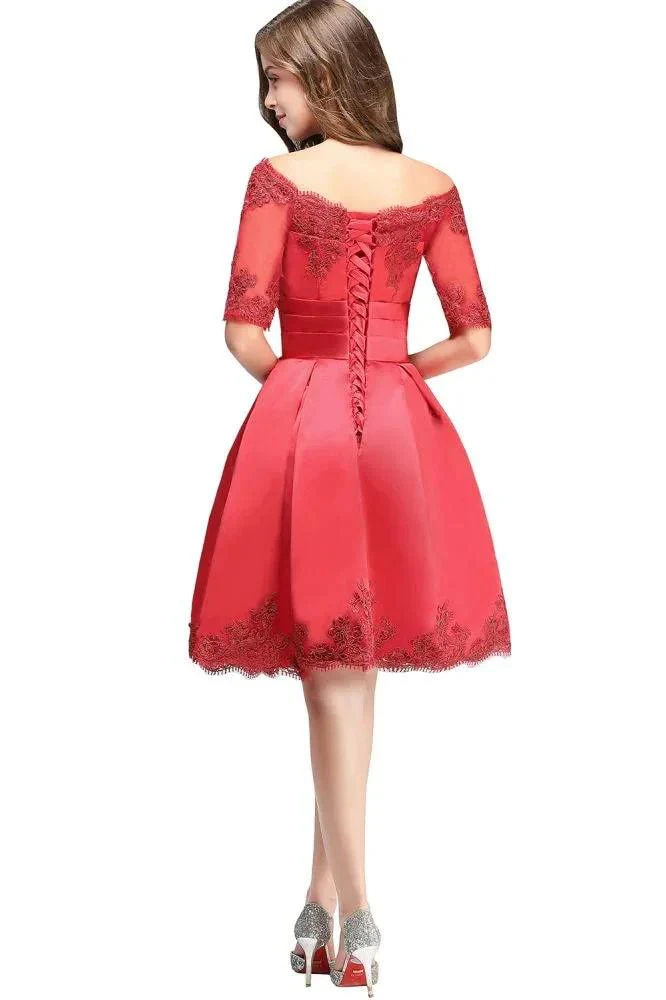 A-line Off-shoulder Half Sleeves Short Lace Appliques Prom Dresses - Image 13