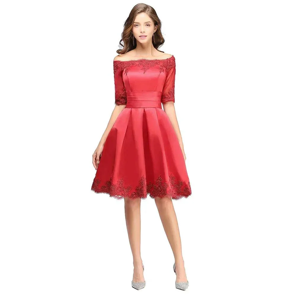 A-line Off-shoulder Half Sleeves Short Lace Appliques Prom Dresses - Image 3