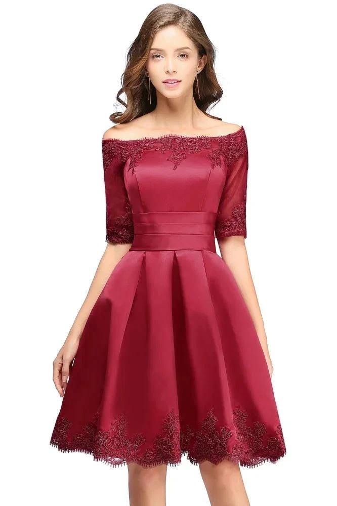 A-line Off-shoulder Half Sleeves Short Lace Appliques Prom Dresses - Image 4