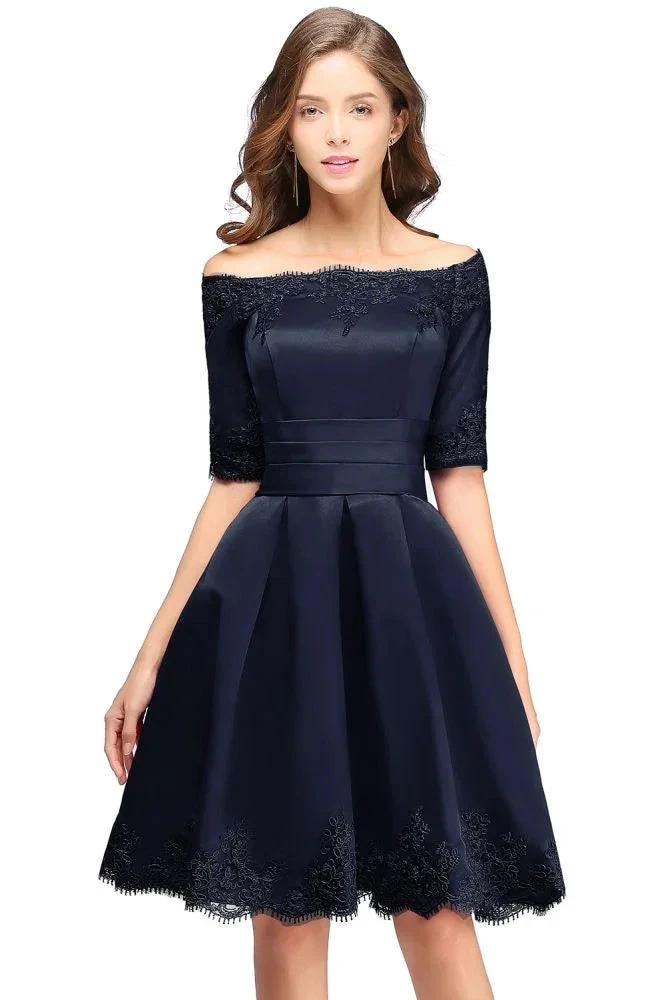 A-line Off-shoulder Half Sleeves Short Lace Appliques Prom Dresses - Image 5