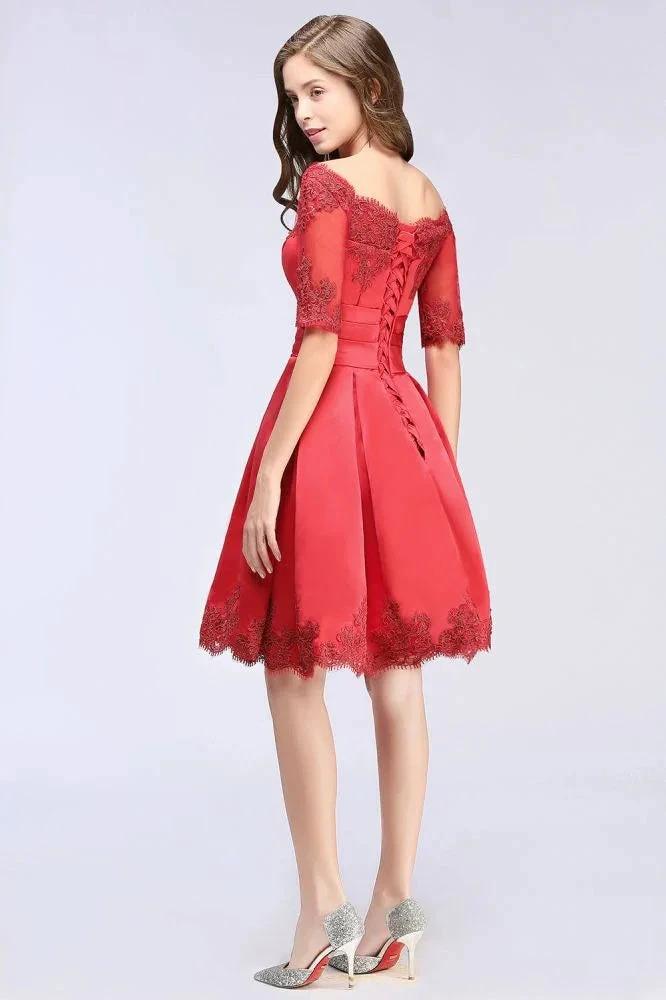 A-line Off-shoulder Half Sleeves Short Lace Appliques Prom Dresses - Image 7