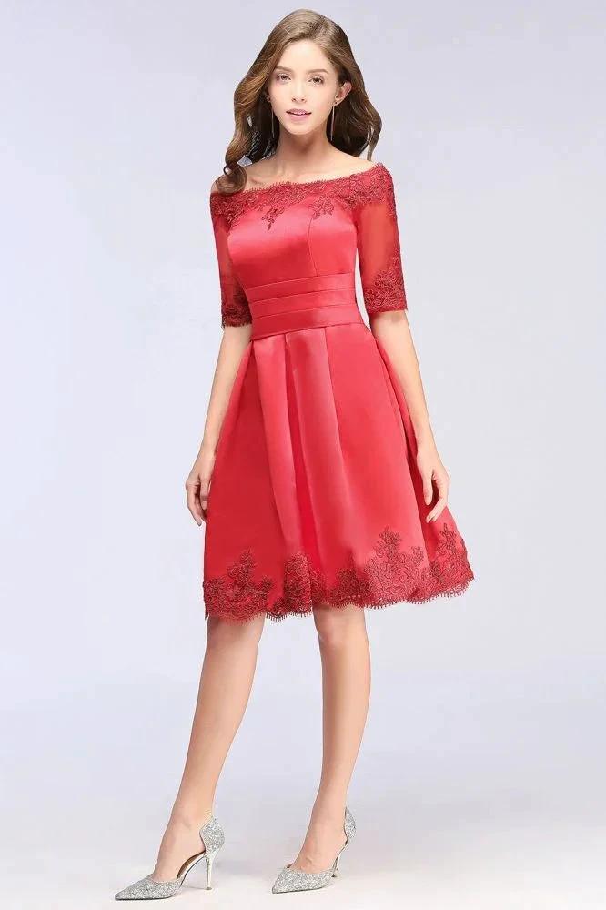 A-line Off-shoulder Half Sleeves Short Lace Appliques Prom Dresses - Image 9