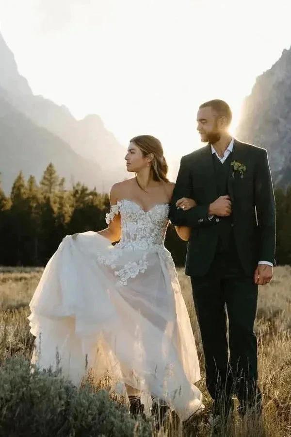 A Line Off the Shoulder Appliques Bohemian Wedding Dresses Bridal Gown WD674 - Image 2