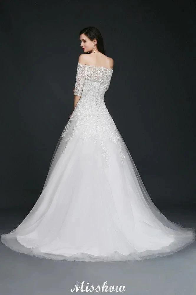 A-line Off-the-Shoulder Court Train Tulle Wedding Dresses with Buttons - Image 2