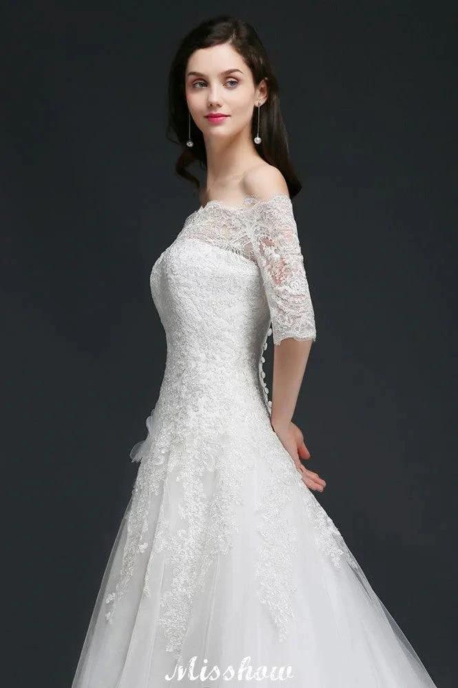 A-line Off-the-Shoulder Court Train Tulle Wedding Dresses with Buttons - Image 3