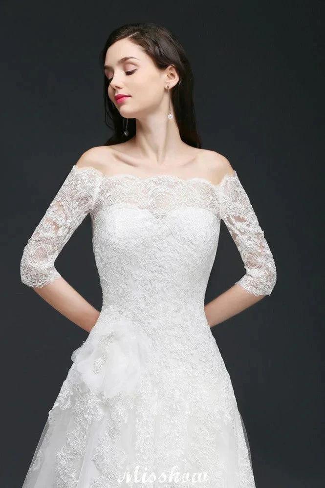 A-line Off-the-Shoulder Court Train Tulle Wedding Dresses with Buttons - Image 4