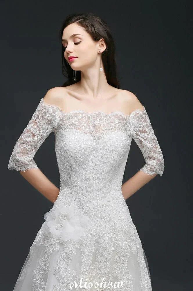 A-line Off-the-Shoulder Court Train Tulle Wedding Dresses with Buttons - Image 5