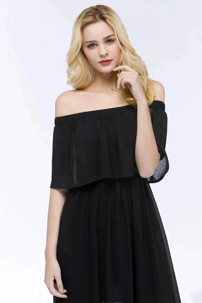 A-line Off-the-shoulder Floor Length Black Chiffon Bridesmaid Dresses - Image 10