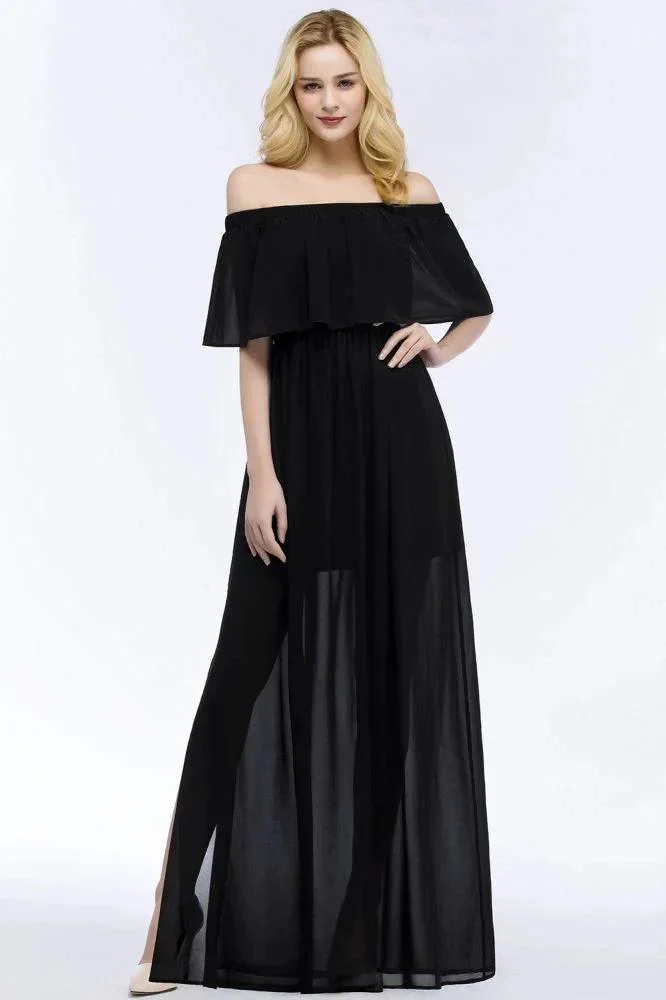 A-line Off-the-shoulder Floor Length Black Chiffon Bridesmaid Dresses - Image 3