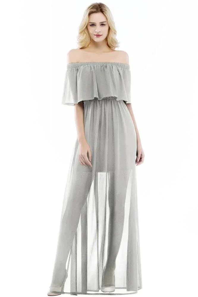 A-line Off-the-shoulder Floor Length Black Chiffon Bridesmaid Dresses - Image 4