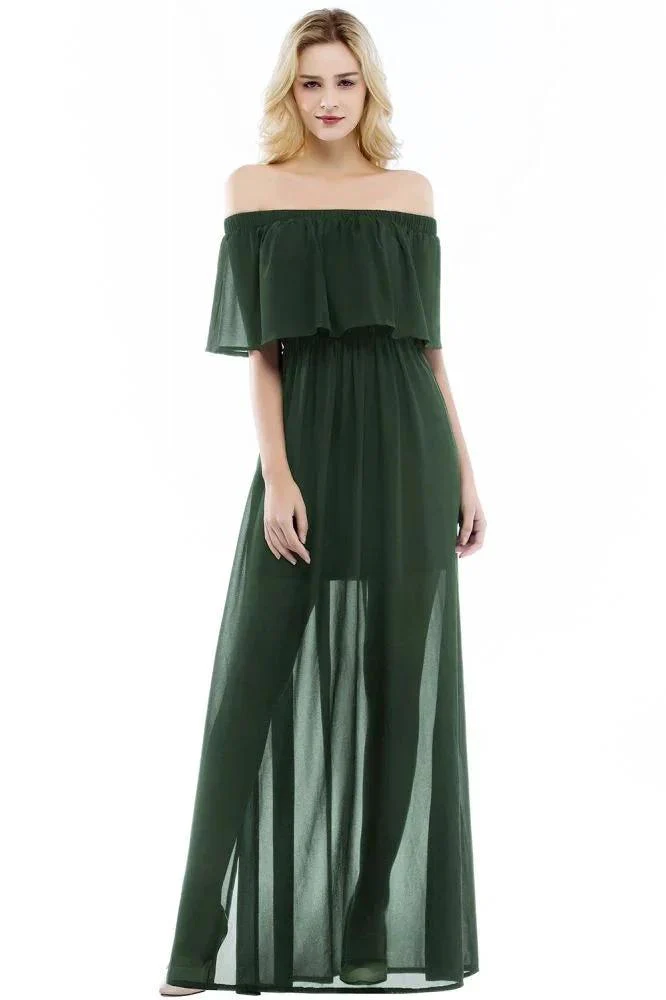 A-line Off-the-shoulder Floor Length Black Chiffon Bridesmaid Dresses - Image 5